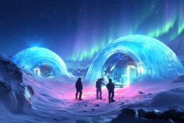 Obraz premium Journey to the Arctic ice domes under the vibrant northern lights at night