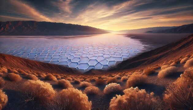 Sunset illuminating hexagonal salt flats in death valley national park - Powered by Adobe