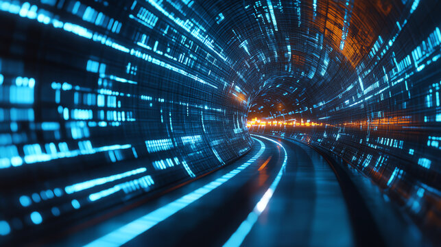 Abstract digital tunnel with glowing lights and data streams in a futuristic setting.
