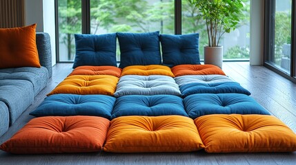 Fototapeta premium Relaxing gathering space with colorful cushions modern living room comfortable setup bright environment cozy atmosphere