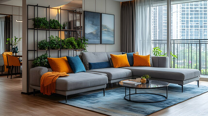 Modern living room with sectional sofa, plants, and city view