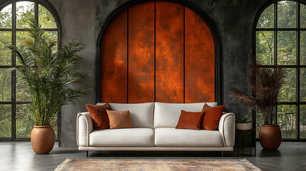 Modern living room with terracotta accents