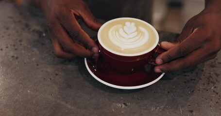 Man, barista hands and coffee art in restaurant, hospitality service and ceramic presentation with milk. Beverage, creative process and latte culture on counter, waiter and pattern shape in cafe