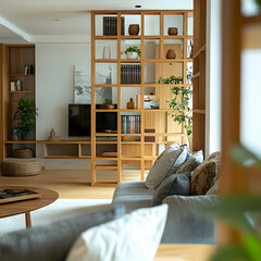 Modern living room with wooden partition