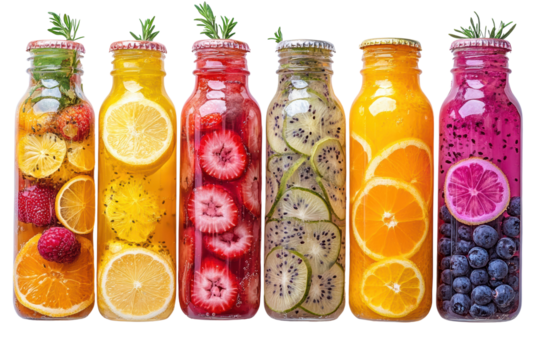 A colorful array of infused fruit drinks in glass bottles, featuring vibrant fruits like strawberries, oranges, and blueberries against a white background.