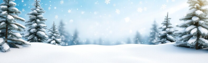 Obraz premium Snowy winter landscape with pine trees and falling snowflakes.