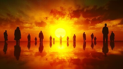 People standing on a reflective shore during a vibrant sunset