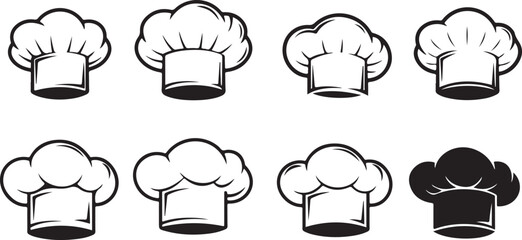 Chef hat flat icon set. Chef hat black vector illustration, chef hat silhouettes, kitchen silhouettes.
