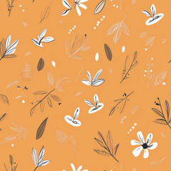 Minimalist doodle drawings on a pastel orange background, scrapbook paper background style, the pattern repeats seamlessly, perfect for enhancing scrapbooks, journals, and crafts 