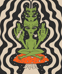 alien with marijuana joint sitting on mushroom psychedelic vector illustration