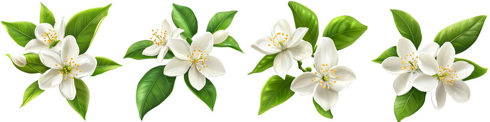 set of White lemon flowers with green leaves, white lemon flowers and green leaves, white lemon flowers surrounded by green leaves, white flowers, green leaves, on a transparent backgrounds