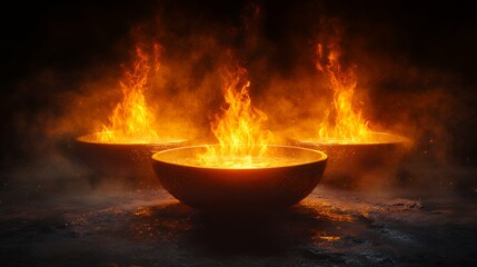 Burning Bowls with Water and Fire Creating Dramatic Visual Effect