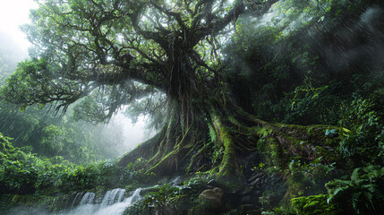Ancient Rainforest Guardian: A Towering Tree in the Misty Jungle