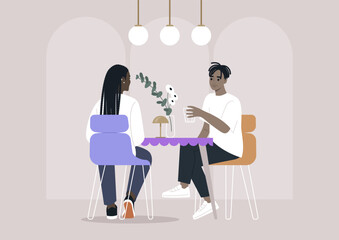 A couple shares a pleasant lunch in a modern restaurant, characterized by adorable dopamine decor and a relaxed atmosphere, Illuminated by soft lighting, they enjoy each other's company