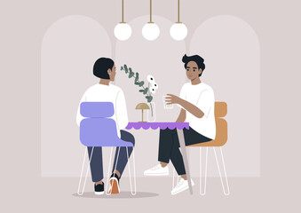 A couple shares a pleasant lunch in a modern restaurant, characterized by adorable dopamine decor and a relaxed atmosphere, Illuminated by soft lighting, they enjoy each other's company