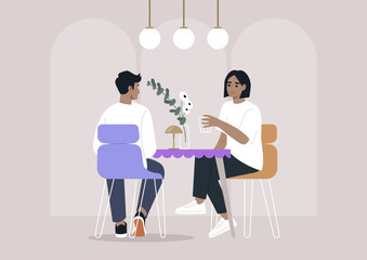 A couple shares a pleasant lunch in a modern restaurant, characterized by adorable dopamine decor and a relaxed atmosphere, Illuminated by soft lighting, they enjoy each other's company