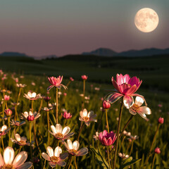 Moonlit Field of Wildflowers at Dusk