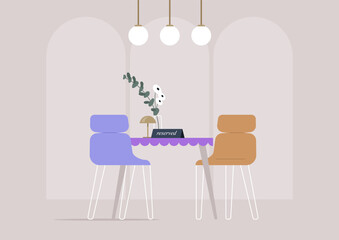 A beautifully arranged reserved table features inviting chairs, soft lighting, and a charming centerpiece, creating an intimate atmosphere for dining in a cute restaurant