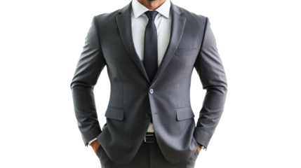 A confident man in a tailored grey suit with hands in pockets, exuding professionalism and style against a white isolated background.