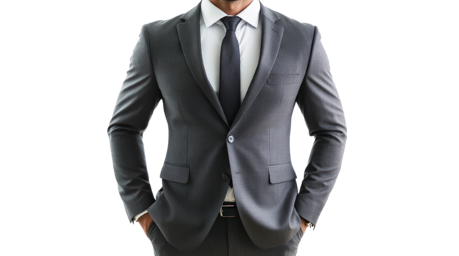 A confident man in a tailored grey suit with hands in pockets, exuding professionalism and style against a white isolated background.
