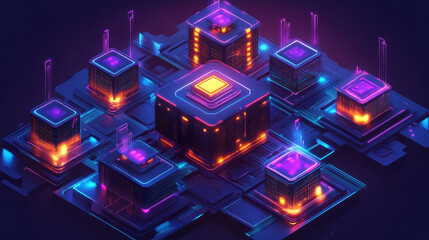 Futuristic glowing circuit board with vibrant colors and intricate patterns.