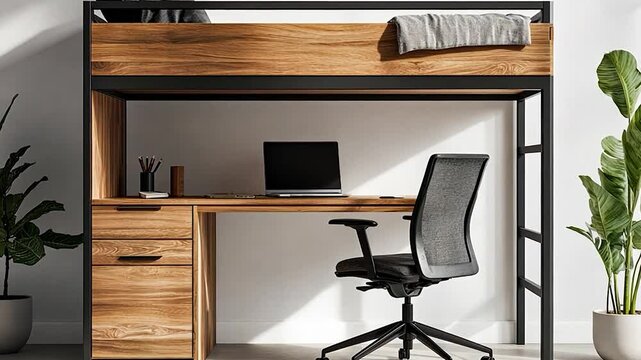 Modern loft-style workspace featuring a wooden loft bed and minimalist desk setup with plants