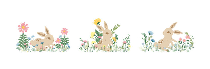Cute spring bunny among wild flowers illustration set in beautiful art nouveau floral decorative style