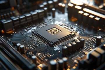 Top view of the chip on a graphics card, symmetrical composition, close-up shot