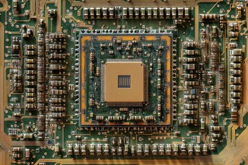 Top view of the chip on a graphics card, symmetrical composition, close-up shot