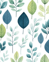 A seamless pattern of simple shapes in soft greens and blues, representing the natural world with elements like leaves or water droplets, on a white background. The minimalistic design