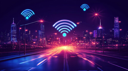 Cityscape at night with glowing Wi-Fi signals over illuminated streets.