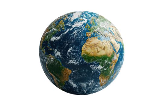 A detailed depiction of planet Earth showcasing landmasses and oceans, illuminated against a black background, emphasizing its natural beauty.