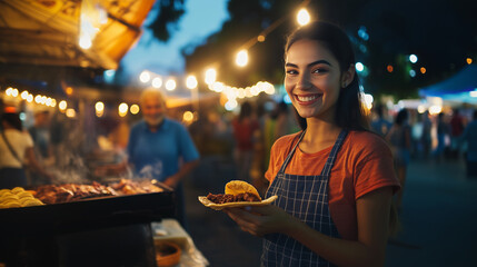 Beautiful hispanic woman holds a freshly prepared taco from a street vendor. 