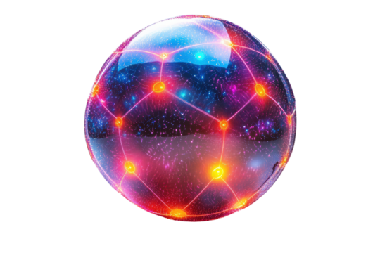 A futuristic glowing sphere showcasing a network of lights and stars, symbolizing technology and innovation against a white isolated background.