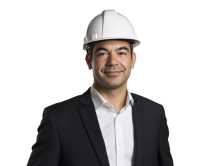 A hispanic businessman wearing a suit and a white helmet, engineer portrait isolated on transparent. 