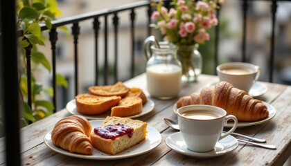 Fototapeta premium Fresh Morning Breakfast with Pastries, Coffee, and Flowers on a Sunny Balcony Table Setting