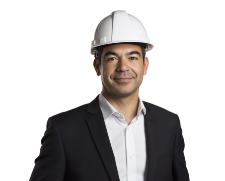 A hispanic businessman wearing a suit and a white helmet, engineer portrait isolated on transparent. 