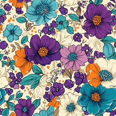 A vibrant floral pattern with a retro, hand-drawn aesthetic. The design features large and small flowers in shades of teal, blue, purple, and cream,