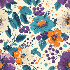 A vibrant floral pattern with a retro, hand-drawn aesthetic. The design features large and small flowers in shades of teal, blue, purple, and cream,