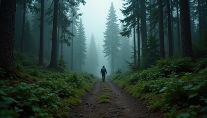 Fototapeta premium Serene Misty Forest Path with Lone Figure Walking Through Tall Pine Trees and Green Foliage