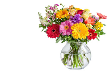 Vibrant floral arrangement in a glass vase, celebrating nature's beauty and color in springtime isolated on transparent background
