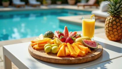 Fresh and Colorful Tropical Fruit Platter by Relaxing Poolside Oasis in Bright Sunshine