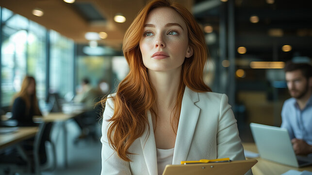 Thoughtful Young Redhead Businesswoman in Modern Office Setting Contemplating Strategy