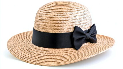 Stylish straw hat with a black ribbon bow, perfect for summer outings.