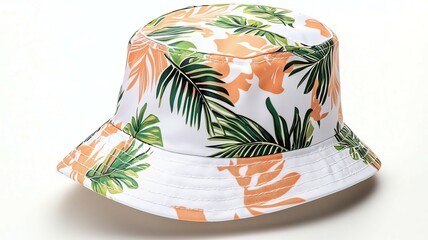 Stylish bucket hat featuring vibrant tropical patterns and leaves.