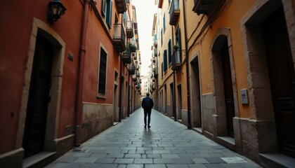 Fototapeta premium Serene Urban Alleyway Scene with Vibrant Building Colors and Solitary Figure Walking