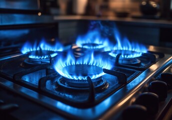 A blue flame from a gas stove illuminates the kitchen at night in this close-up shot