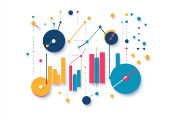 Colorful abstract data visualization with graphs and charts depicting analytics results isolated on transparent background