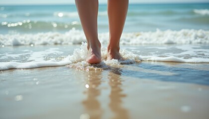 Serene Feet Walking Barefoot on Sandy Shore with Gentle Waves Lapping at the Coastline