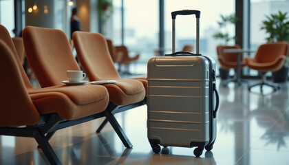 Fototapeta premium Stylish Silver Suitcase Next to Cozy Orange Chairs in Modern Airport Lounge Area